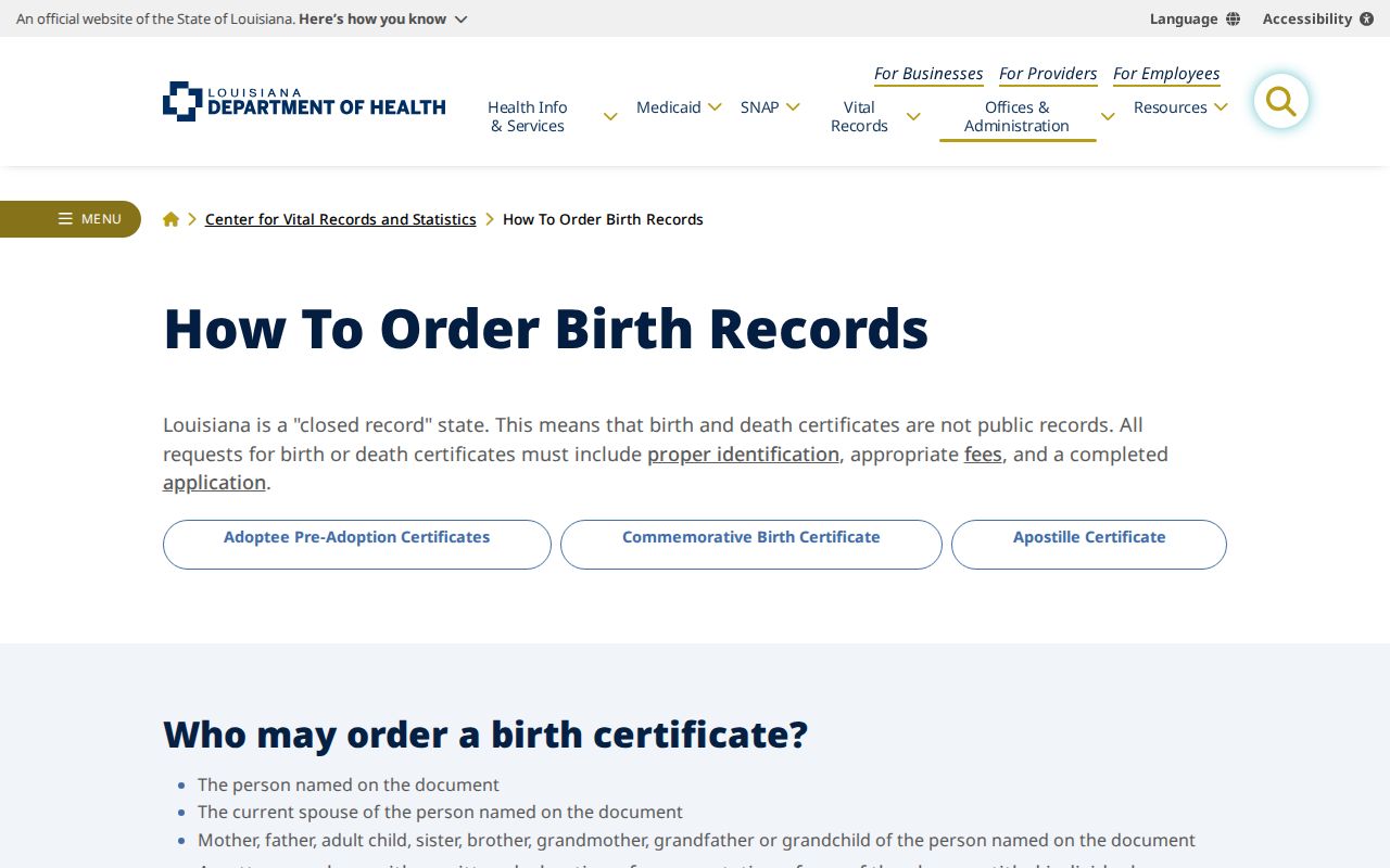 Marrero resident lookup Louisiana birth record ordering