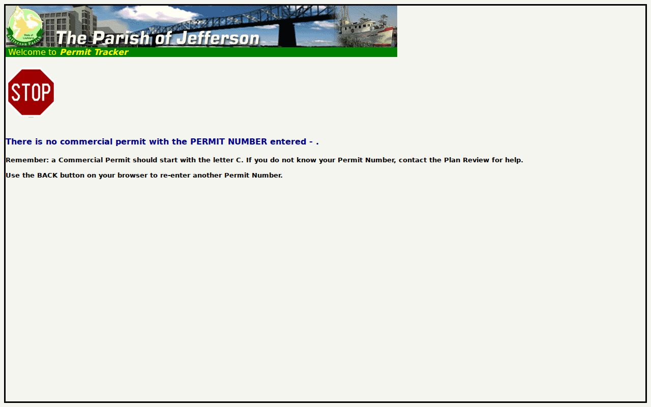 Jefferson Parish commercial permit tracker requiring a permit number for Marrero research