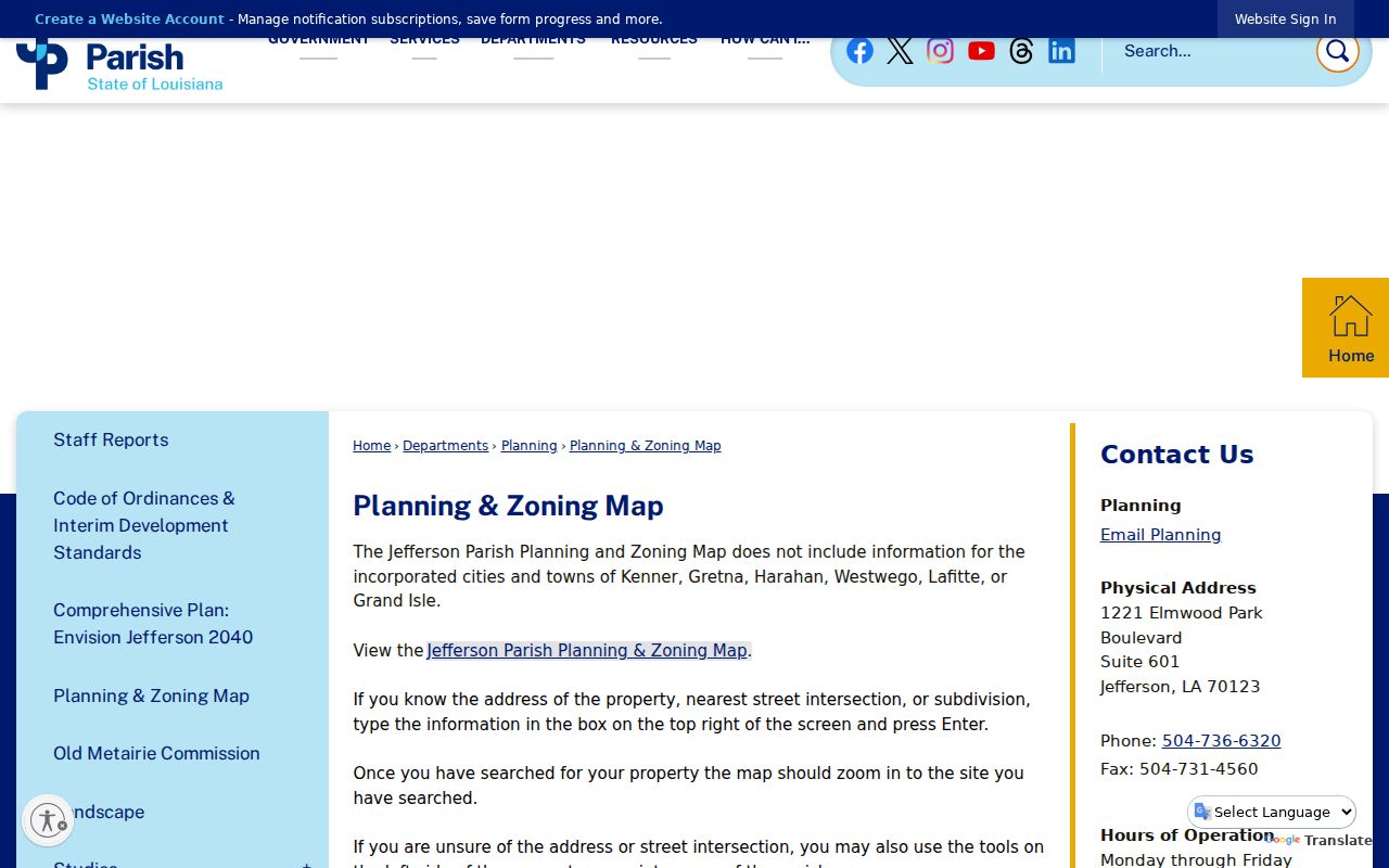 Jefferson Parish Planning and Zoning map used to locate Marrero addresses and subdivisions