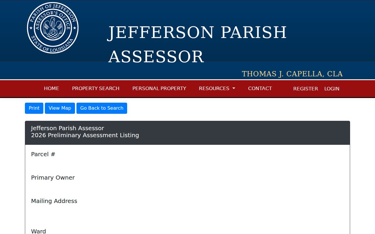 Jefferson Parish assessor parcel card showing address and deed fields used for Marrero street research