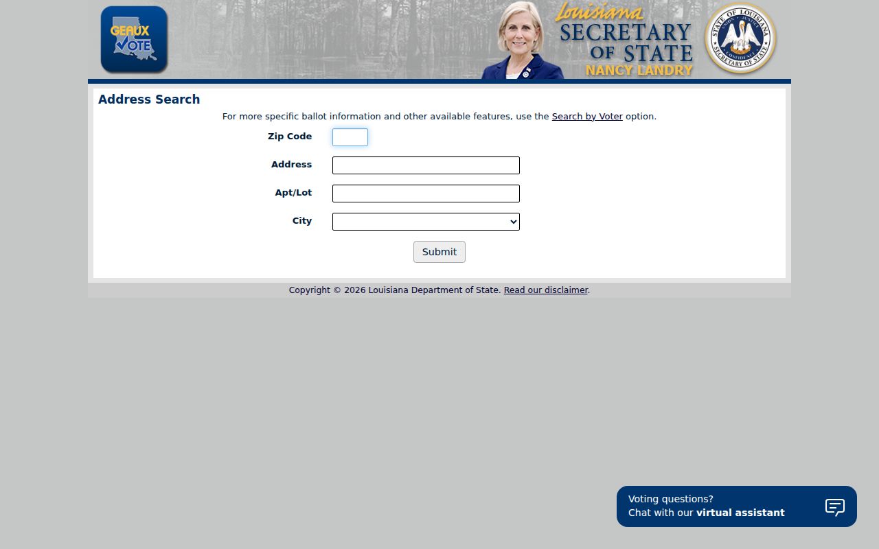 Louisiana voter portal exact-address form used for a Marrero registration check